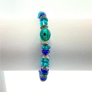 Evil Eye Lamp Work & Blue Glass Bracelet, antiqued Silver